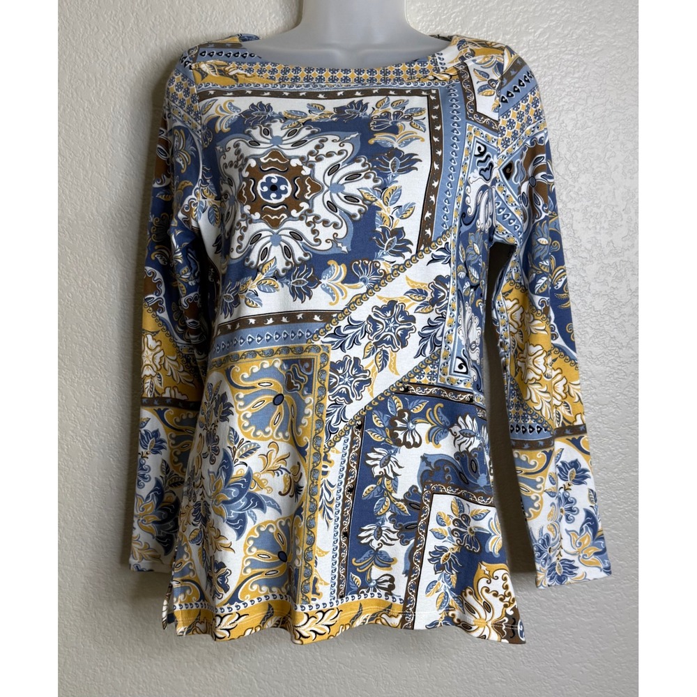 Chicos 0 US Small Top Blue Gold Scarf Print Pima Cotton‎ Long Sleeve Boat Neck